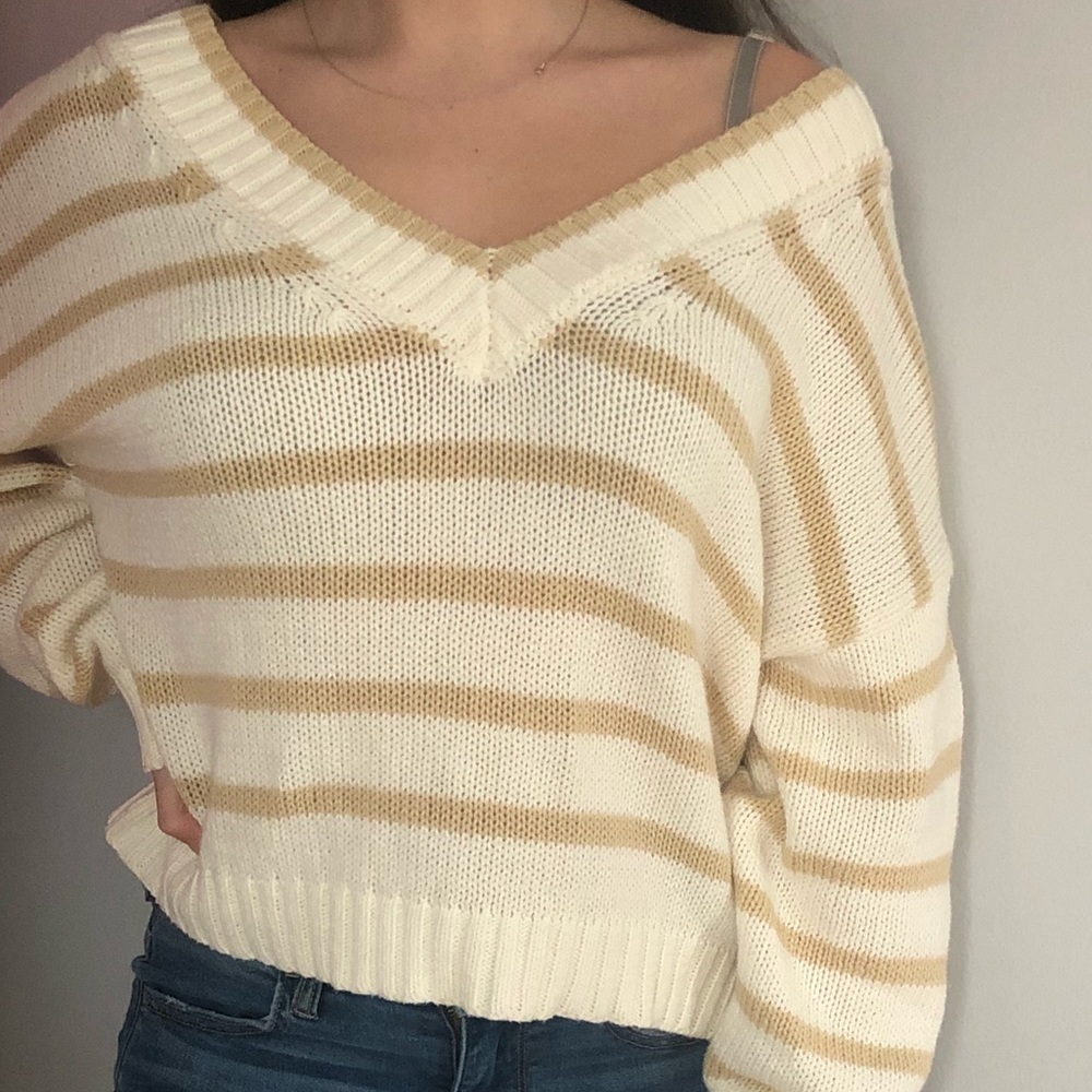 tan and cream striped v neck sweater